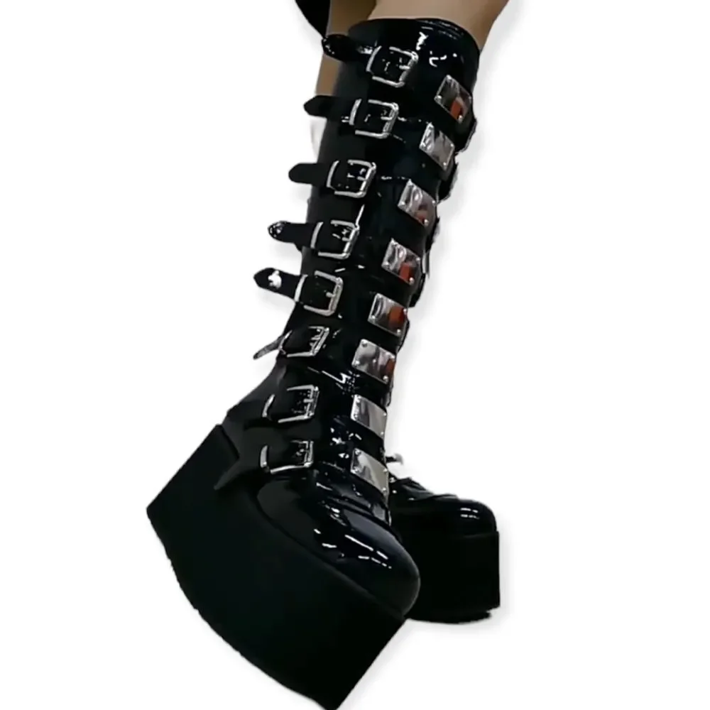 Black Wedge Knee Platform Boots - NEW